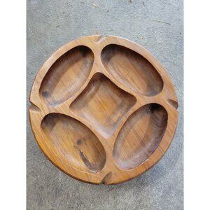 Teak Lazy Susan Divided Tray Food Stand Pedestal Turntable MCM Thailand Vtg